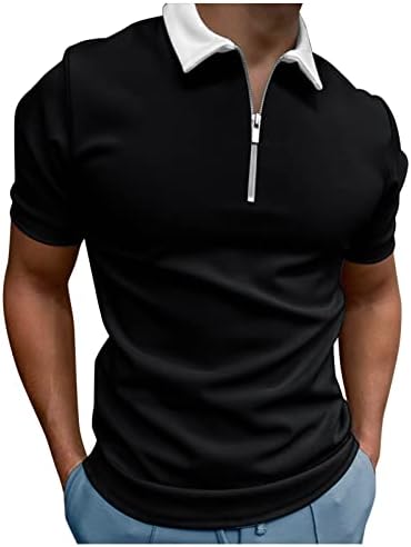 XXVR Mens Zipper חולצות פולו קיץ שרוול קצר בלוק צבע צווארון צווארון לעבודה