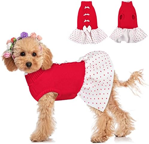 שמלת סוודר חג המולד של מיגוהי כלב, כלב קטן סוודרים חורפים מעילי גור עם חור רצועה, צווארון גולף סוודר כלב סוודר חג האהבה סריגים מחמד עם דפוס לב לכלבים בינוניים קטנים