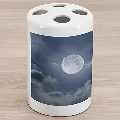 מחזיק מברשת שיניים קרמיקה של אמבסון ירח, שמי לילה עם ירח מלא ועננים טבע צילום מרחב השראה להדפסת תמונה, משטח דקורטיבי רב -תכליתי לחדר אמבטיה, 4.5 x 2.7, לבן כחול כהה