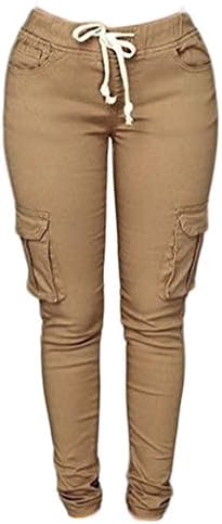 Andongnywell נשים בצבע אחיד נתיב משיכת מכנסיים רזים רצועות ריצה קתות להרים מכנסיים עם כיסים