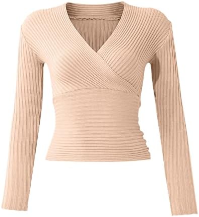 Prdecexlu סוודר חתוך נמוך לנשים סוודר שרוול ארוך סווור חורף חורף מודרני עטוף עמוק v צוואר רזה מתיחה
