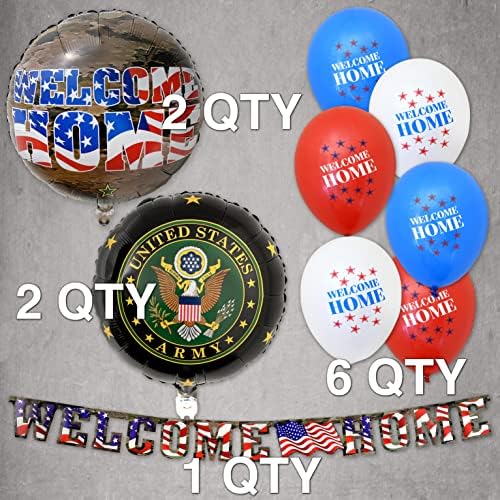 ערכת קישוטים לקישוטים לבית של הצבא האמריקני של Havercamp! כולל 1 באנר בברכה בברכה, 2 Mylar & 6 Balloons ברוך הבא בבלונים ו -2 בלוני Mylar של צבא ארהב.