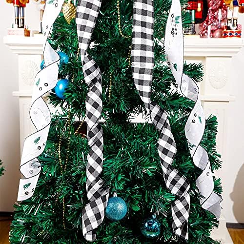 טופר עץ חג המולד של Lulu Home, 48 x 13 שחור לבן באפלו משובץ קשת גדולה עם זרמים ארוכים, קצה חוטי סחורה צ'ק טופר טופר עבור פסטיבל מסיבת חג הזר פסטיבל חג המולד ציוד קישוט