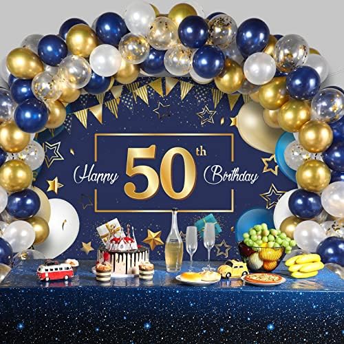 חיל הים כחול 50 שמח מסיבת יום הולדת קישוטי כחול וזהב 50 יום הולדת צילום רקע באנר קונפטי בלוני קשת ערכת עבור גברים נשים 50 מסיבת יום הולדת קישוטי ספקי