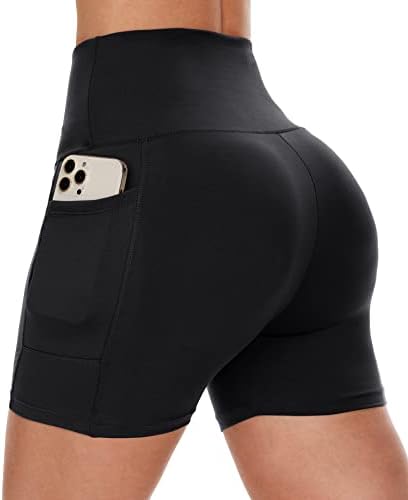 מכנסי אופנוענים מחנאות נשים עם כיסים-5& 34; גבוהה מותן אימון ספנדקס בטן בקרת כושר ריצה אתלטי יוגה מכנסיים קצרים
