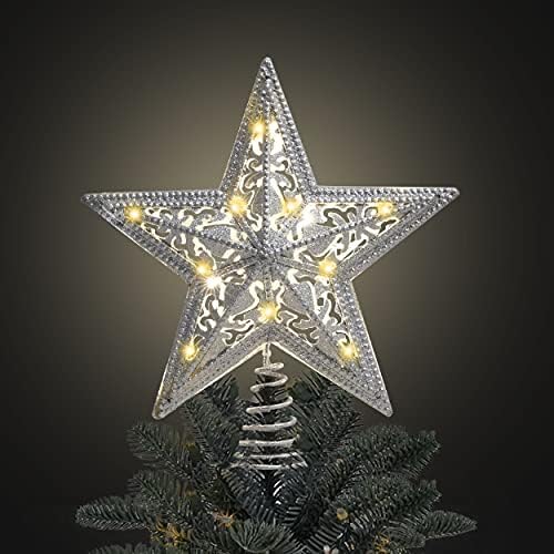Valery Madelyn 11.8 אינץ 'מואר לפני טופר לבן חג מולד לבן, כוכב עליון עץ עם 10 אורות LED חמים לקישוט עץ חג המולד, קישוטים לעץ חג המולד, מופעל על סוללה