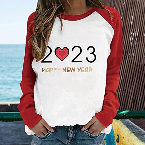 שנה טובה 2023 עליון לנשים חולצות חג חמוד חולצות לב הדפס חולצה שרוול ארוך סווטשירט סווטשירט סוודר טוניקה