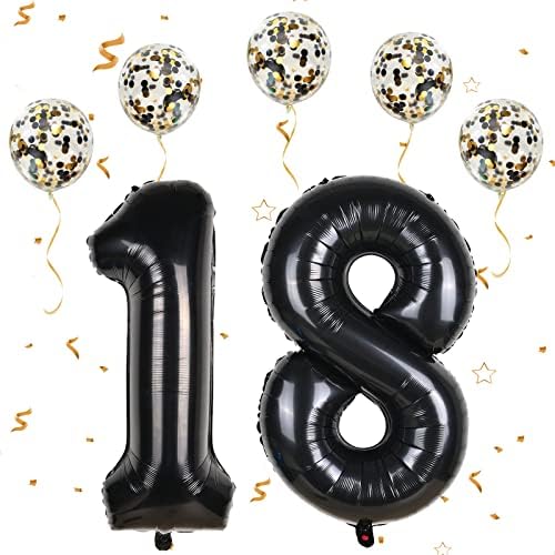 מספר 18 בלונים שחורים, מספר 18 בלונים, 40 אינץ 'שחור יום הולדת 18 בלוני יום הולדת עם בלון קונפטי, קישוטים ליום הולדת 18 לילדות בנות, בלון בן 18 ליום השנה למסיבת יום הולדת