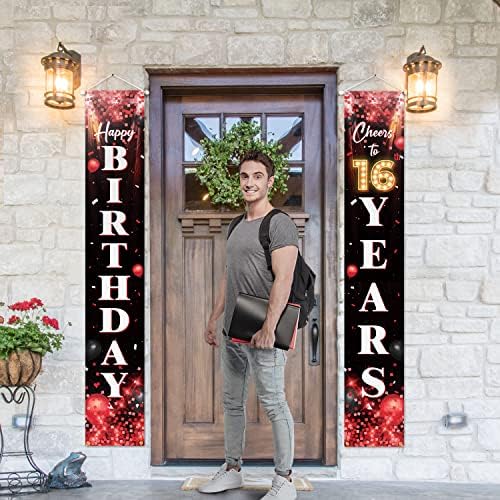 יום הולדת 16 שמח מרפסת מרפסת דלת דלת עיצוב אדום ושחור - נצנצים מעודדים עד גיל 16 קישוטי נושא למסיבת יום הולדת לבנים לבנות ציוד בנות