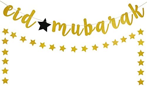 Gold Eid Mubarak Banner Eid Mubarak קישוטים לבית, פסטיבל Eid Mubarak המוסלמי פסטיבל גרלנד באנר, רמדאן מובארק מנטל קישוט עם טווינקל סטאר גרלנד