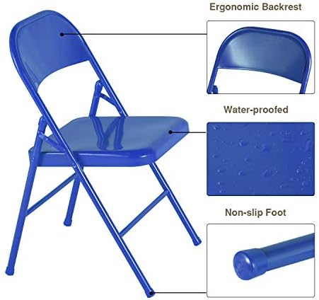 מתקפל מסגרת מתכת וסלו להחזיק עד 350 קילו, כיסאות פלדה רכובים עם טריפל התכונן & מגבר; גב צירים כפול עבור משרד ביתי, סט של 4, כחול