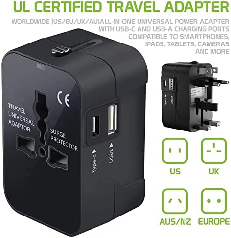 Travel USB פלוס מתאם כוח בינלאומי התואם ל- LG L Fino עבור כוח עולמי לשלושה מכשירים USB Typec, USB-A לנסוע בין ארהב/איחוד האירופי/AUS/NZ/UK/CN