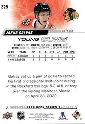 2022-23 סיפון עליון 225 Jakub Galvas Guns Young Guns RC טירון שיקגו בלקוהוקס סדרה 1 כרטיס מסחר בהוקי NHL